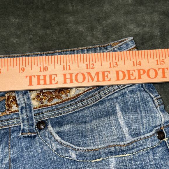 Vintage Candie's Cut-Off Shorts Womens 5 Blue Denim Embroidered Waist Y2K Boho - Picture 5 of 9